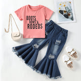 Kid Baby Girl Summer Plain Letter Ripped Flared 3 Pcs Sets