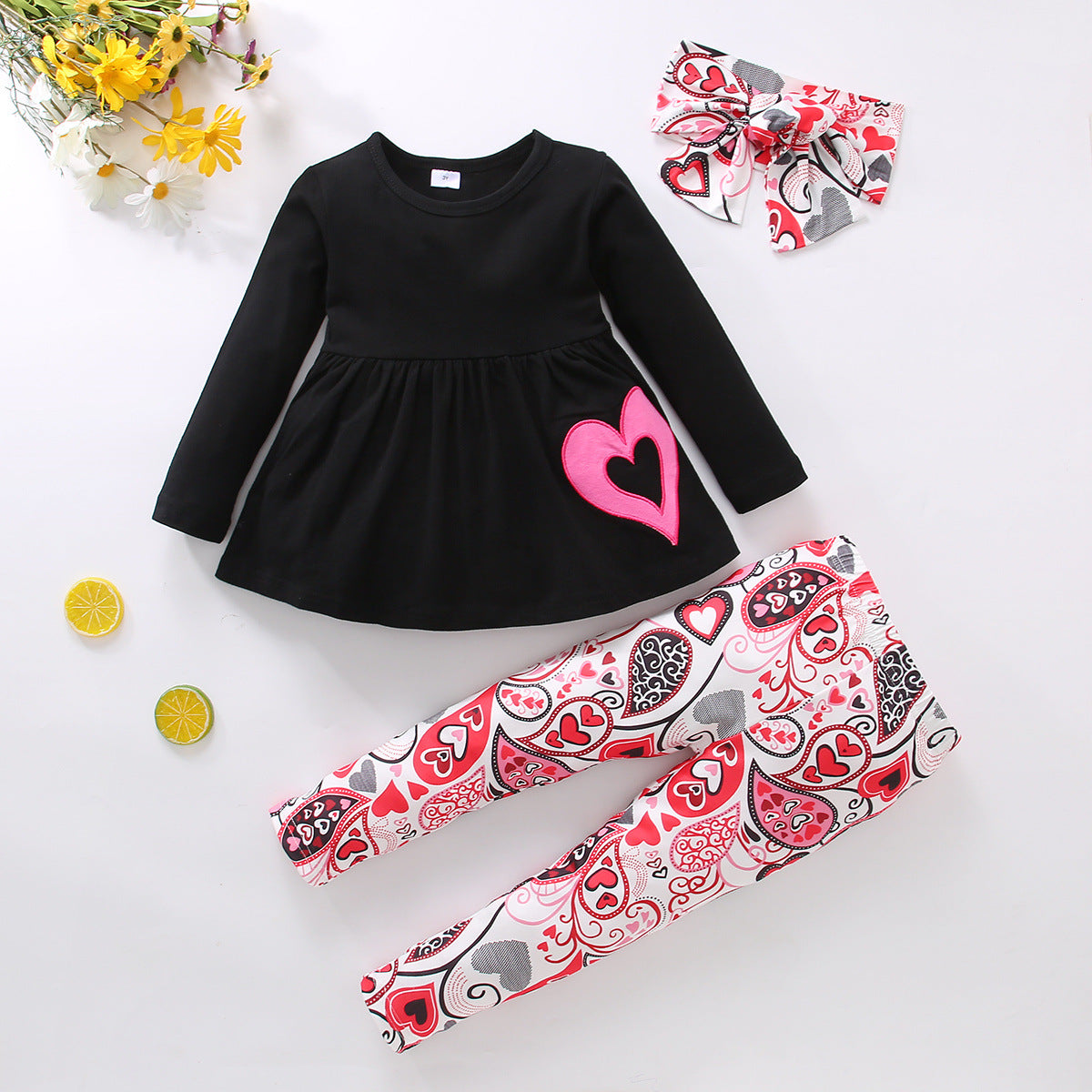 Kid Baby Girl Valentine's Day Set Embroidered Long Sleeve 3 Pcs Sets
