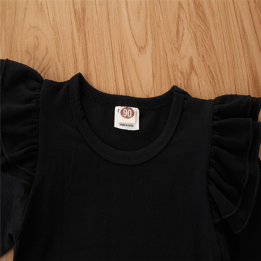 Baby Toddler Girls Valentine's Day Suit Black Fly Sleeve 2 Pcs Sets