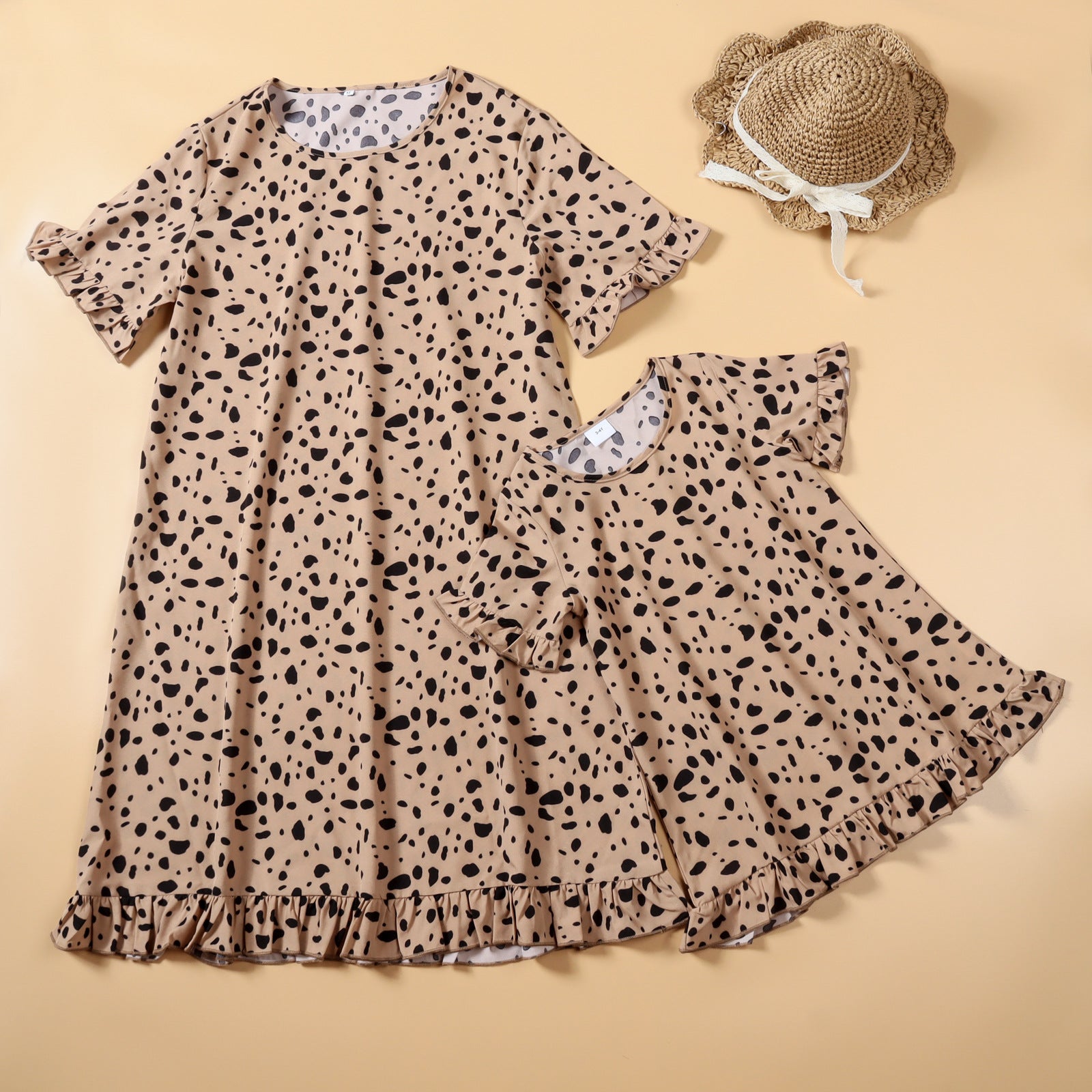 Family Matching Mother-daughter Leopard Print Short Sleeve Flounces Dresses
