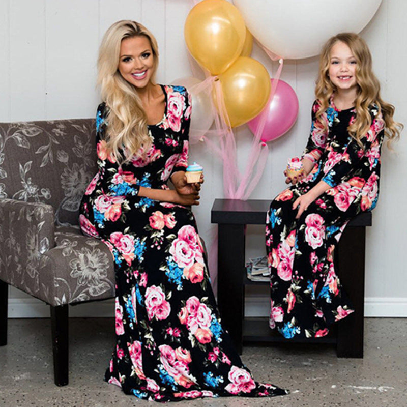 Family Maatching Long-sleeved Floral Print Long  Dress