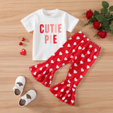 Baby Girl Suit Short Sleeves Alphabet Print Valentine's Day Flare Suits 2 Pcs Set