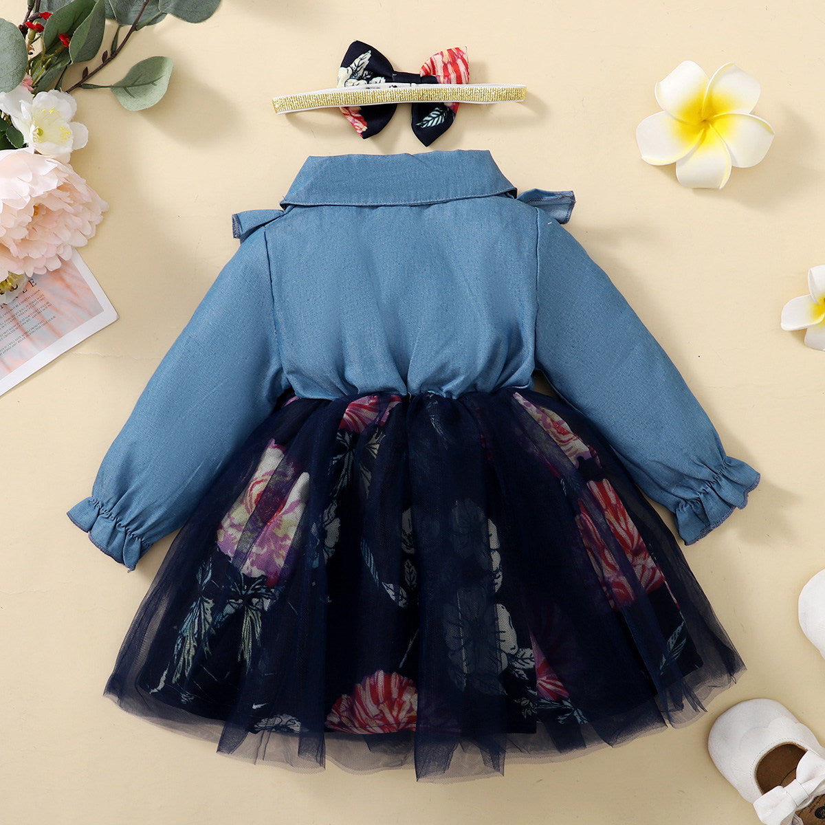 Kid Baby Girl Autumn Popular Denim Splicin Gauze Poncho Princess Dresses