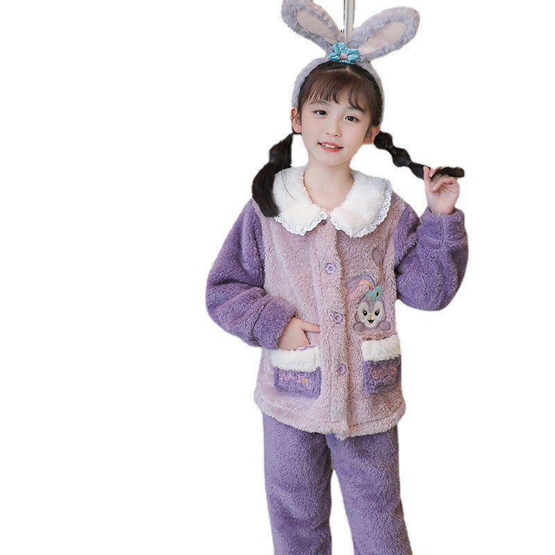 Kid Girl Pajamas Lapel Plush Autumn Winter Thickened Coral Fleece Cartoon Pajamas