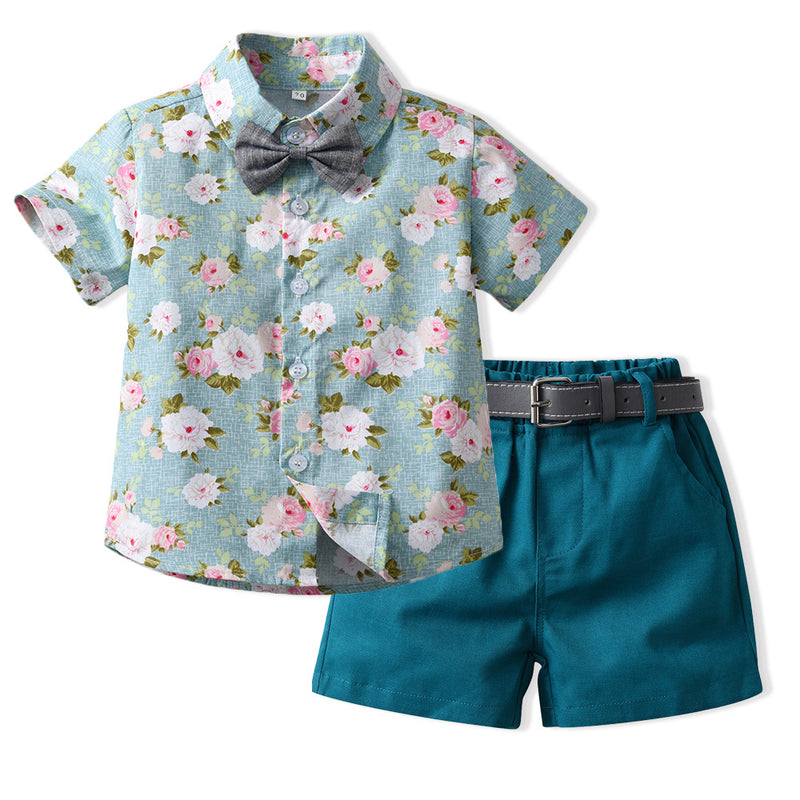 Summer Korean Kid Baby Boy Garden Short Sleeve Flower 2 Pcs Set