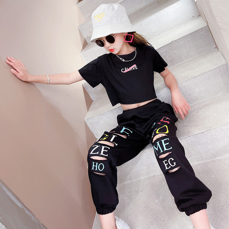 Kid Teenager Girls Summer Fashion Streetwear Ripped Cotton 2 Pcs Sets