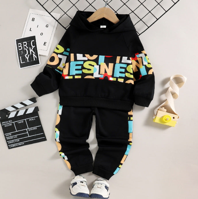 Kid Boys Autumn Winter Sports Letter Splicing Hooded 2 Pcs Sets