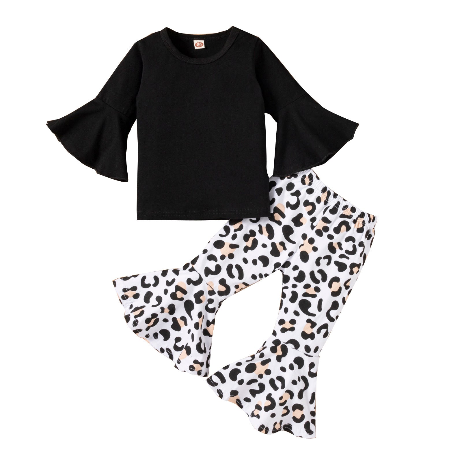 Kid Baby Girl Suit Black Cotton Flared Sleeve Leopard 2 Pcs Sets