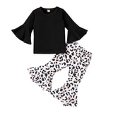 Kid Baby Girl Suit Black Cotton Flared Sleeve Leopard 2 Pcs Sets