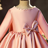 Kid Baby Girl Pink Princess Long Sleeve Satin Piano Birthday Dress