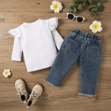 Kid Baby Girl Long Sleeve Jeans Hole Suit Spring Stripe 2 Pcs Sets