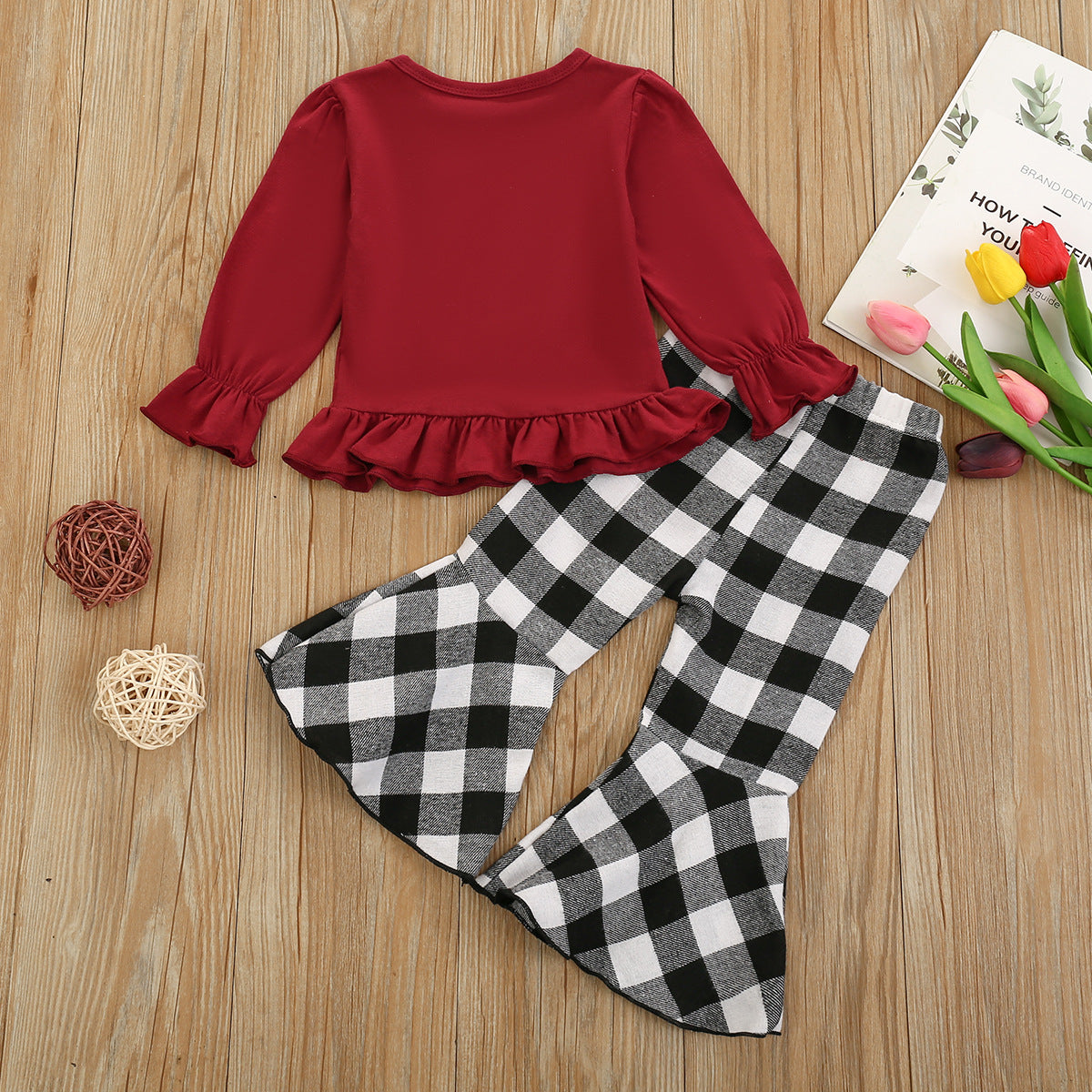 Baby Kid Girl Suit Valentine's Day Plaid Heart Top Bell Bottoms 2 Pcs Sets