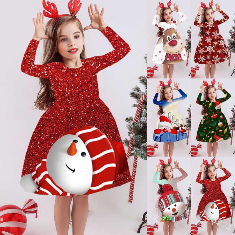 Kid Baby Girl Long Sleeve Round Neck Christmas Print Dress