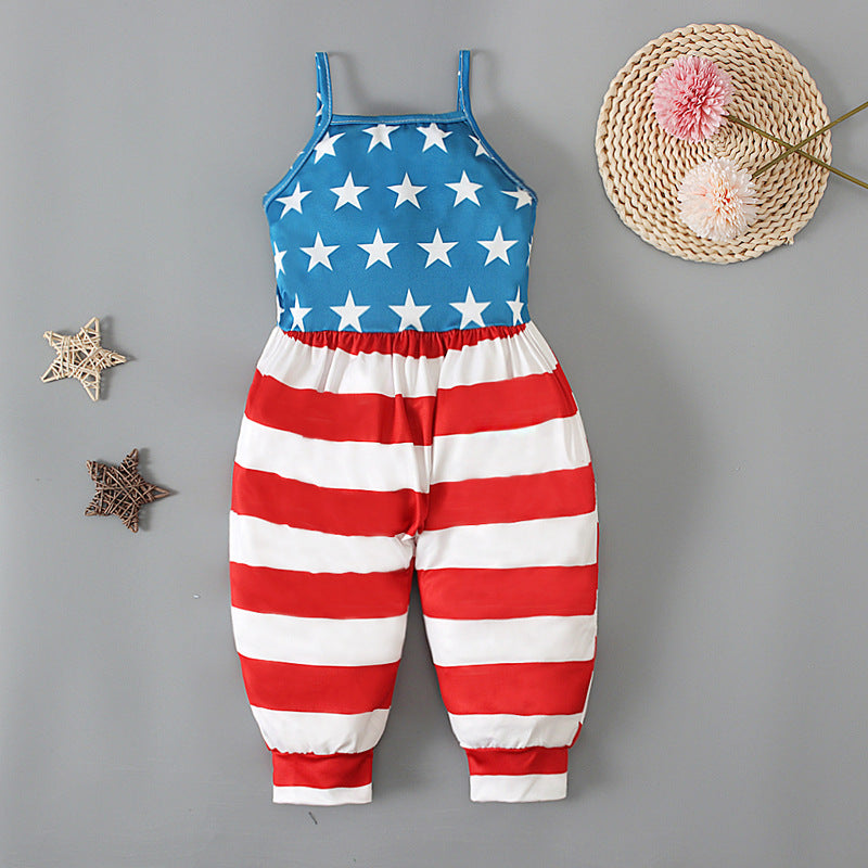 Kid Baby Girl Onesie Crawl Suit  American Flag Halter Pants Trousers