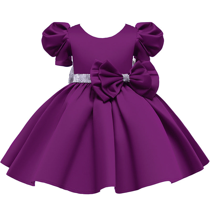 Kid Girl Princess Double Shoulder Bubble Sleeve Layer Bow Dresses