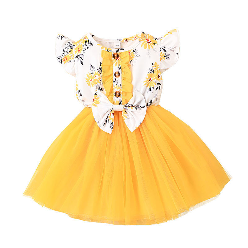 Kid Baby Girl Gauze Printed Fleecy Flying Sleeves Flower Casual Dresses