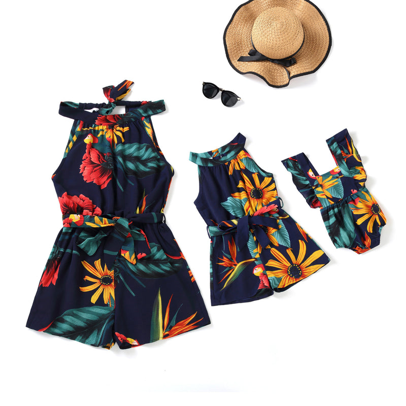 Family Matching Mother Child Jumpsuit Blue Printed Summer Dresses