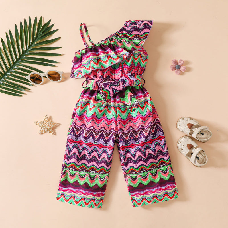 Kid Baby Girls Slant Shoulder Lotus Belt Jumpsuit Rompers