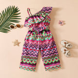 Kid Baby Girls Slant Shoulder Lotus Belt Jumpsuit Rompers
