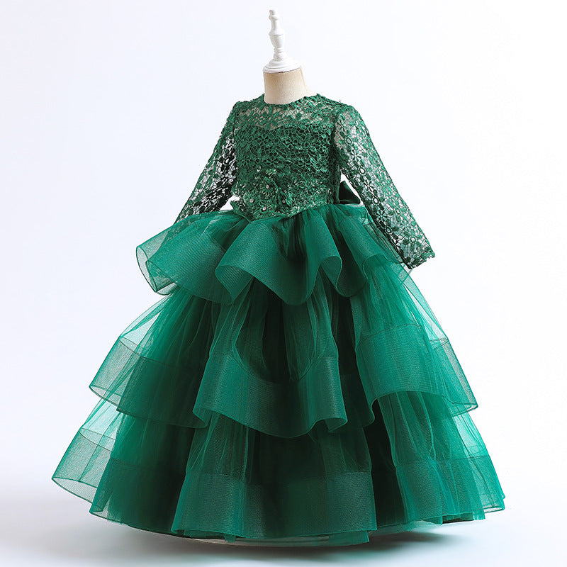 Kid Baby Girl Long Sleeved Sequins Gauze Puffy Princess Dress