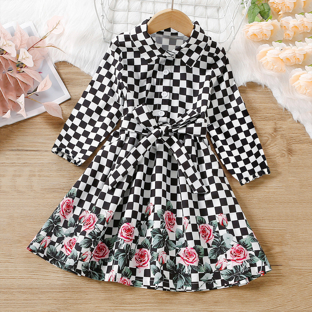 Toddler Kid Baby Girl Checkered Floral Print Princess Spring Autumn Dress