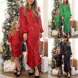 Family Matching Parent-child Long Sleeve Christmas Beaded Glistening Dresses