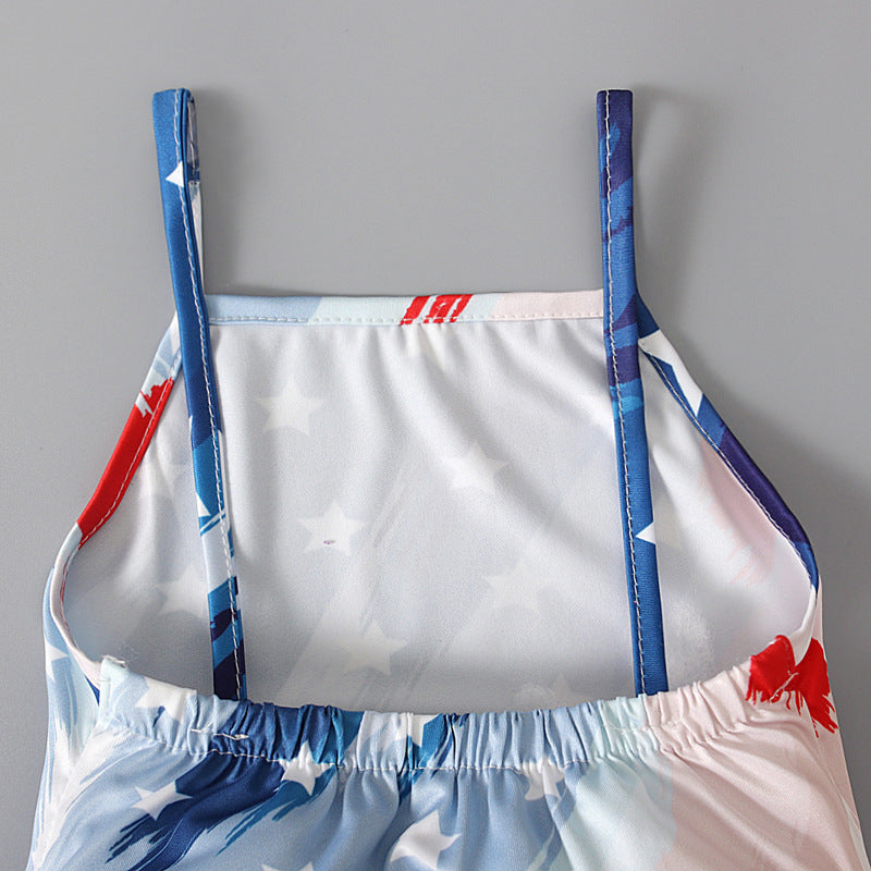 Kid Baby Girl Onesie Crawl Suit  American Flag Halter Pants Trousers