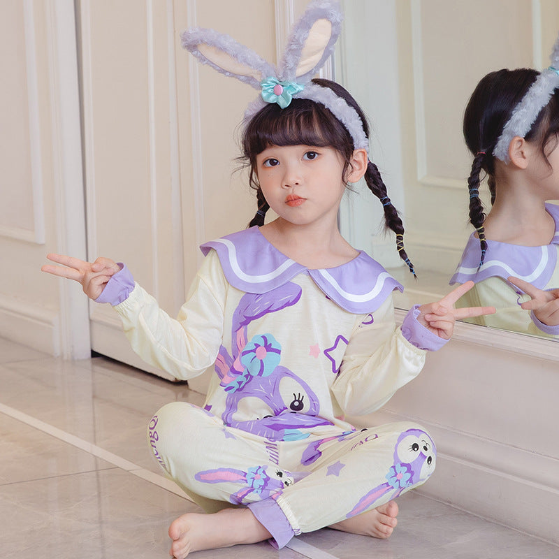 Kid Girl Round Neck Pajamas Ins Spring Autumn Cute Cartoon Pajamas