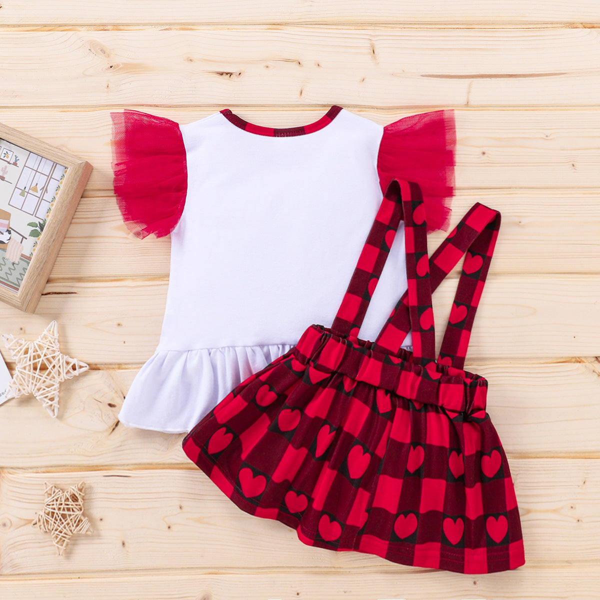Baby Kid Girls Valentine's Day Check Suit Red Heart Short Sleeve 2 Pcs Sets