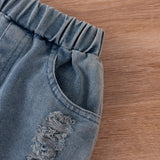 Kid Baby Girl Suit Shoulder Flounces Ripped Jeans 2 Pcs Sets