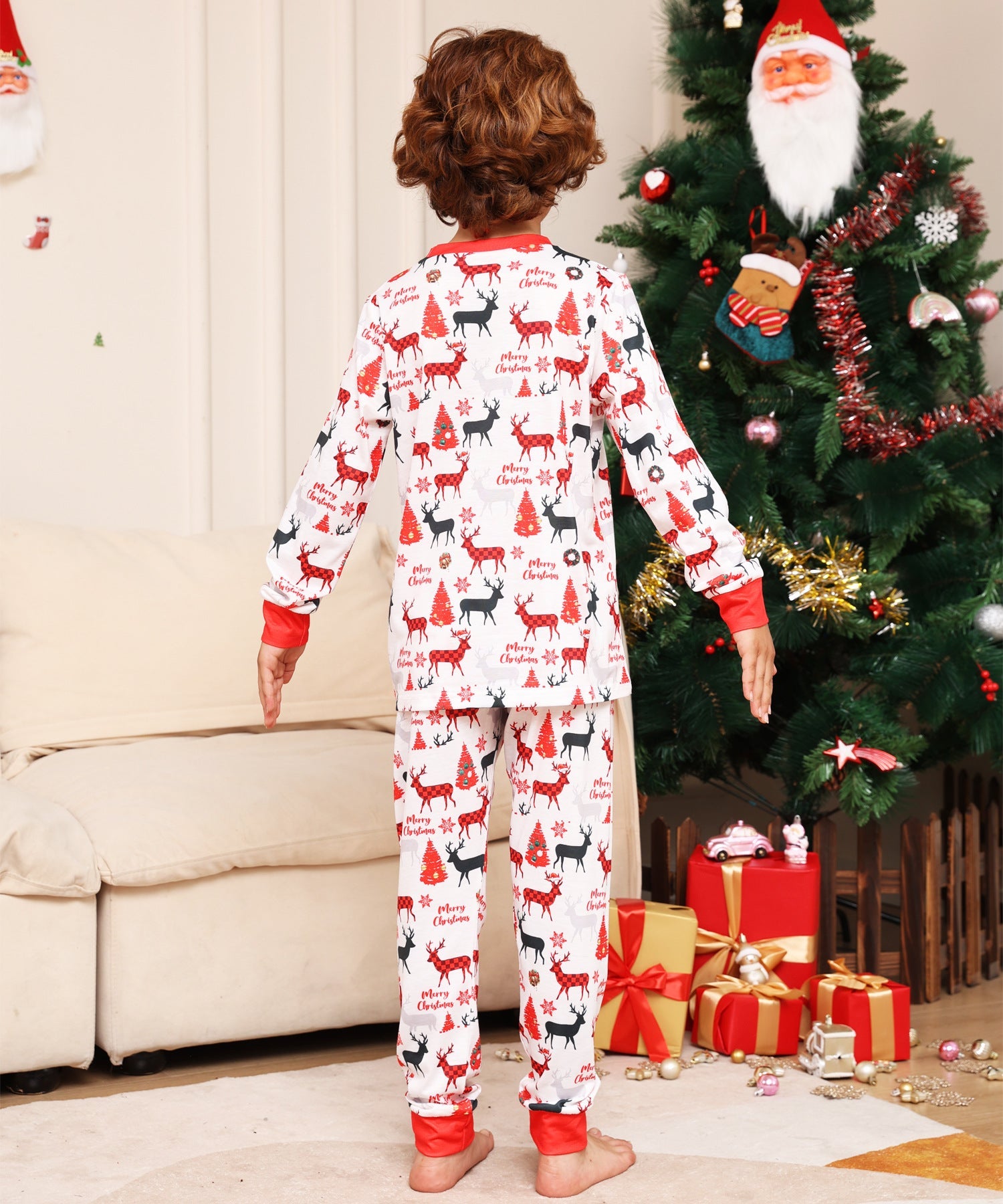 Family Alphabet Cartoon Fawn Christmas Printed Homewear Pajamas