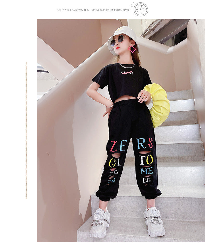 Kid Teenager Girls Summer Fashion Streetwear Ripped Cotton 2 Pcs Sets