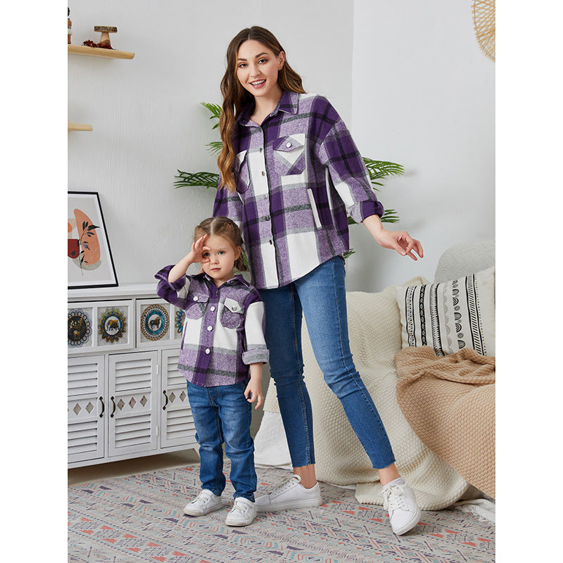 Family Matching Leisure Flannel Plaid Button Long Sleeve Shirts Tops