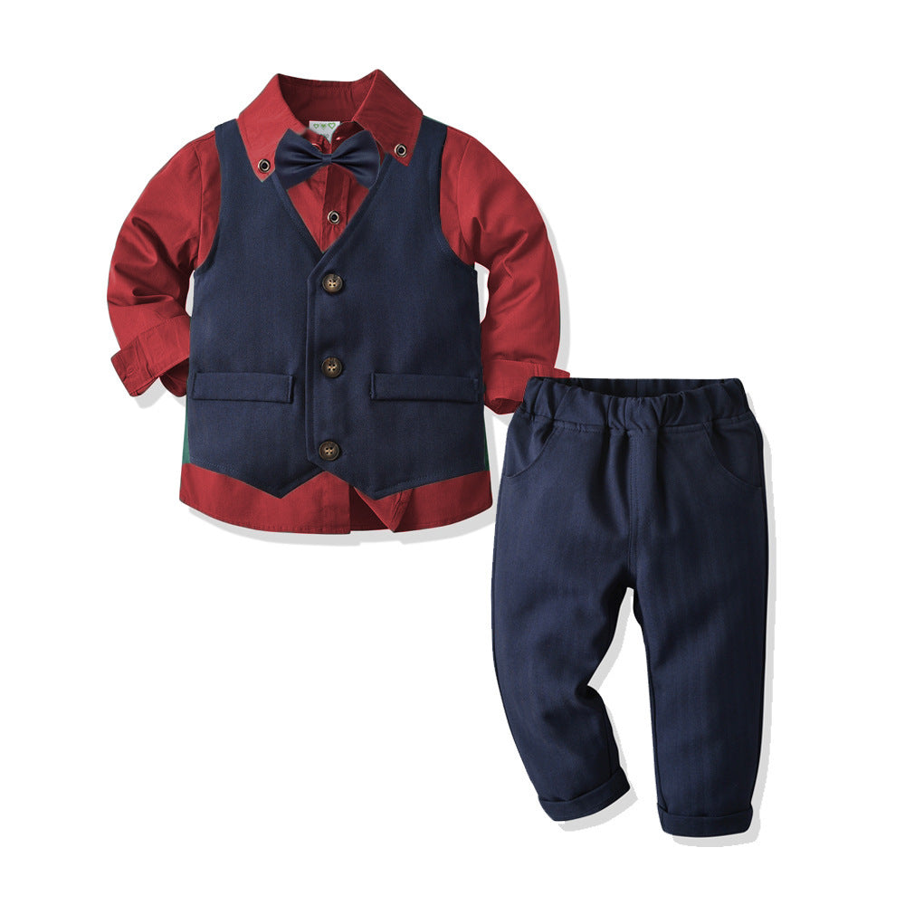 Kid Baby Boy Suit Long Sleeve Navy Suspenders Gentleman 4 Pcs Sets