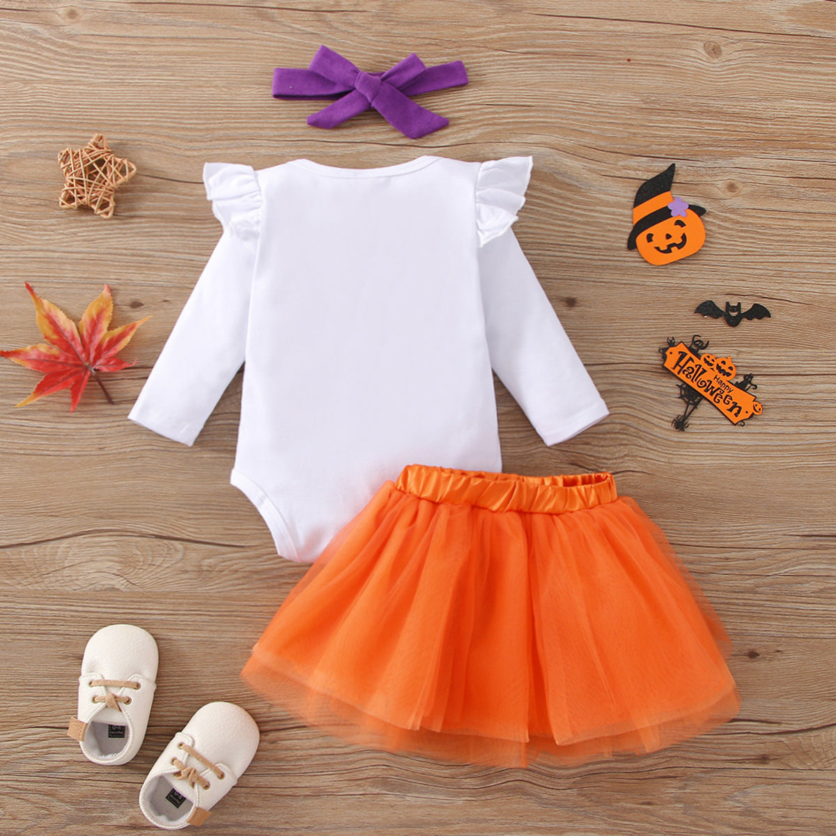 Baby Girls Set Pumpkin Print Bow Mesh Gauze Halloween 2 Pcs