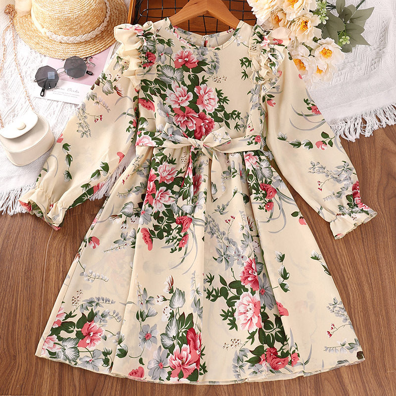 Kid Girl  Korean Long Sleeves Retro Autumn Flower Dresses