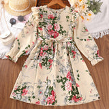 Kid Girl  Korean Long Sleeves Retro Autumn Flower Dresses
