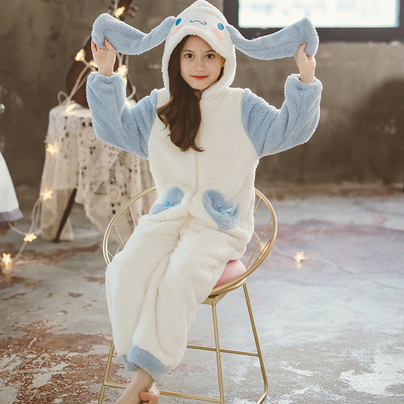 Kid Girls Autumn Winter One-piece Flannel Thickened Pajamas