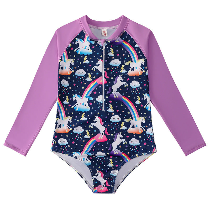 Kid Girls Swimsuit One-piece Long-sleeved Unicorn Cartoon Swimwear