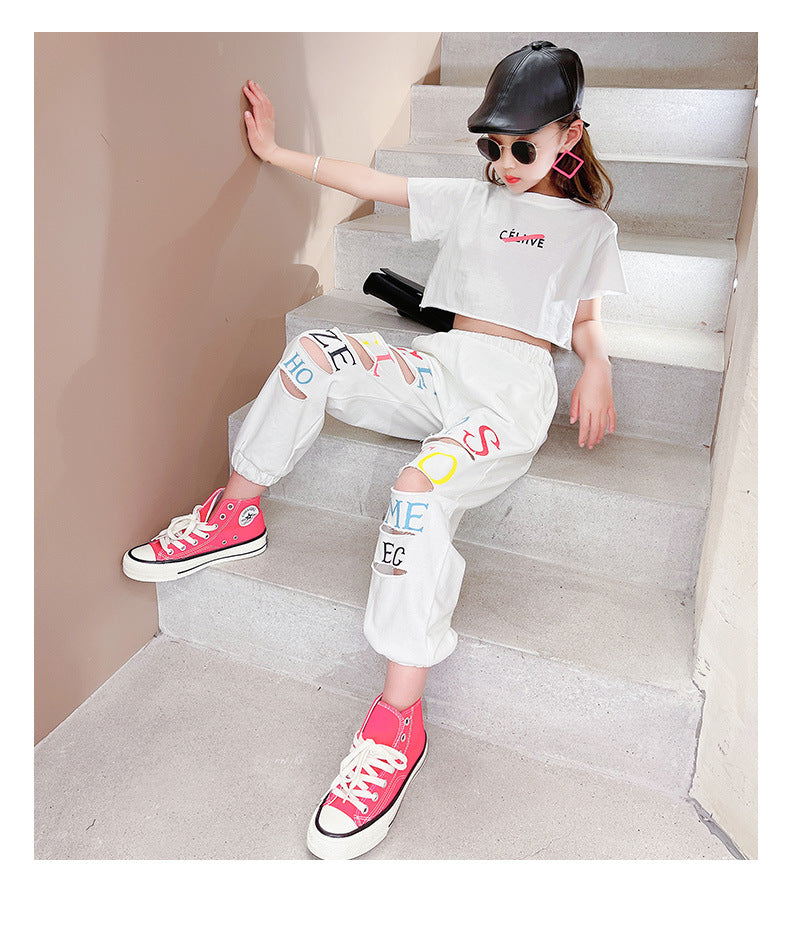 Kid Teenager Girls Summer Fashion Streetwear Ripped Cotton 2 Pcs Sets