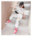 Kid Teenager Girls Summer Fashion Streetwear Ripped Cotton 2 Pcs Sets