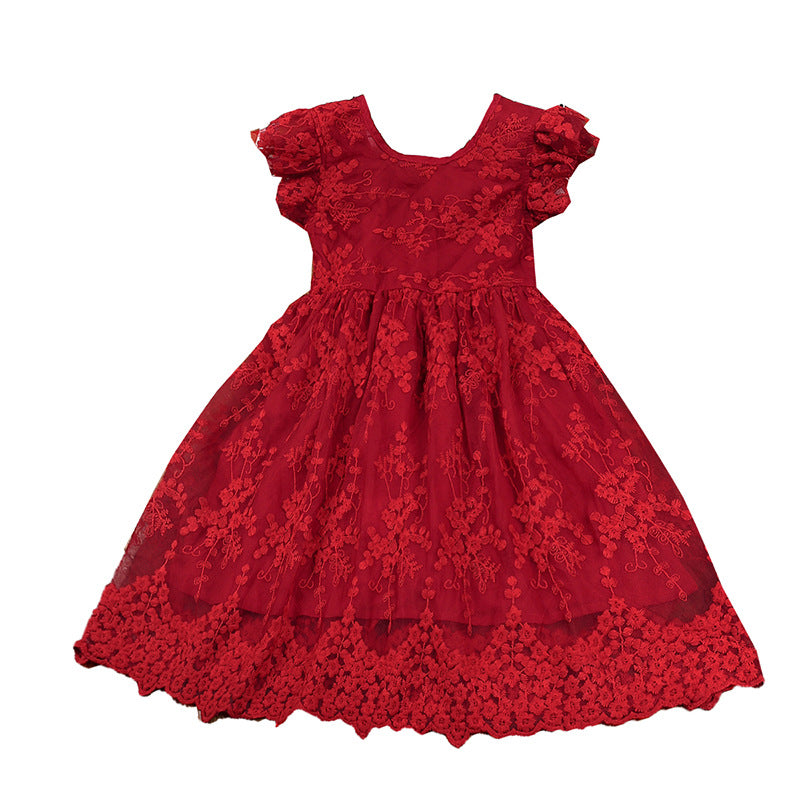 Kid Baby Girl Summer Western Bow Flying Sleeve Embroidery Gauze Flower Dresses