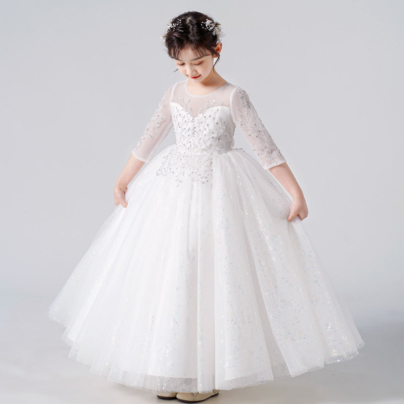 Kid Girls Gauze Sleeve Sequined Fluffy  Flower Sweet Princess Show Dresses