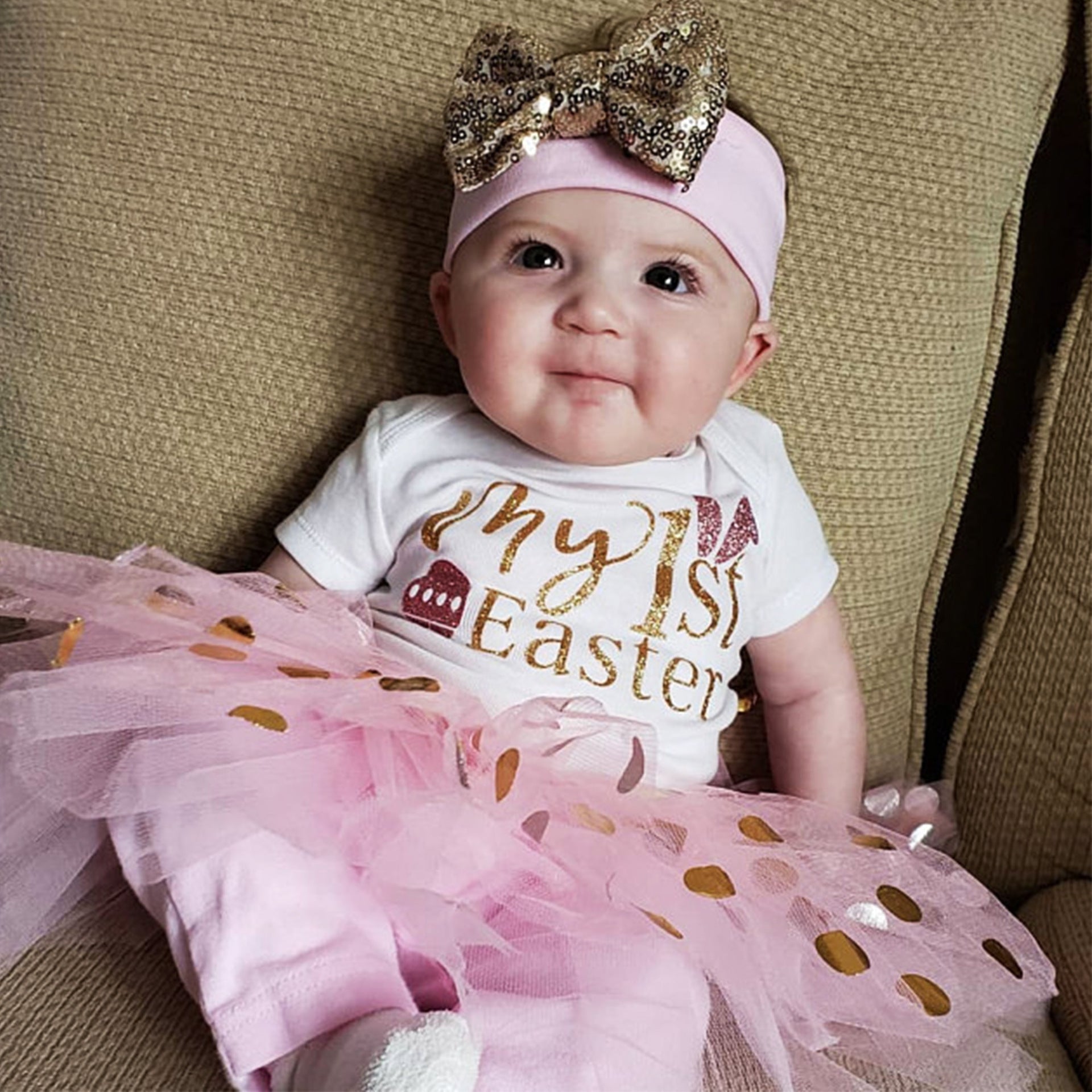 Easter Baby Girl Printed Crawl Suit Puffy Set 3 Pcs