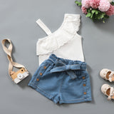 Kid Baby Girl Suit Ins Solid One Shoulder Sleeveless Jean Shorts 2 Pcs Sets