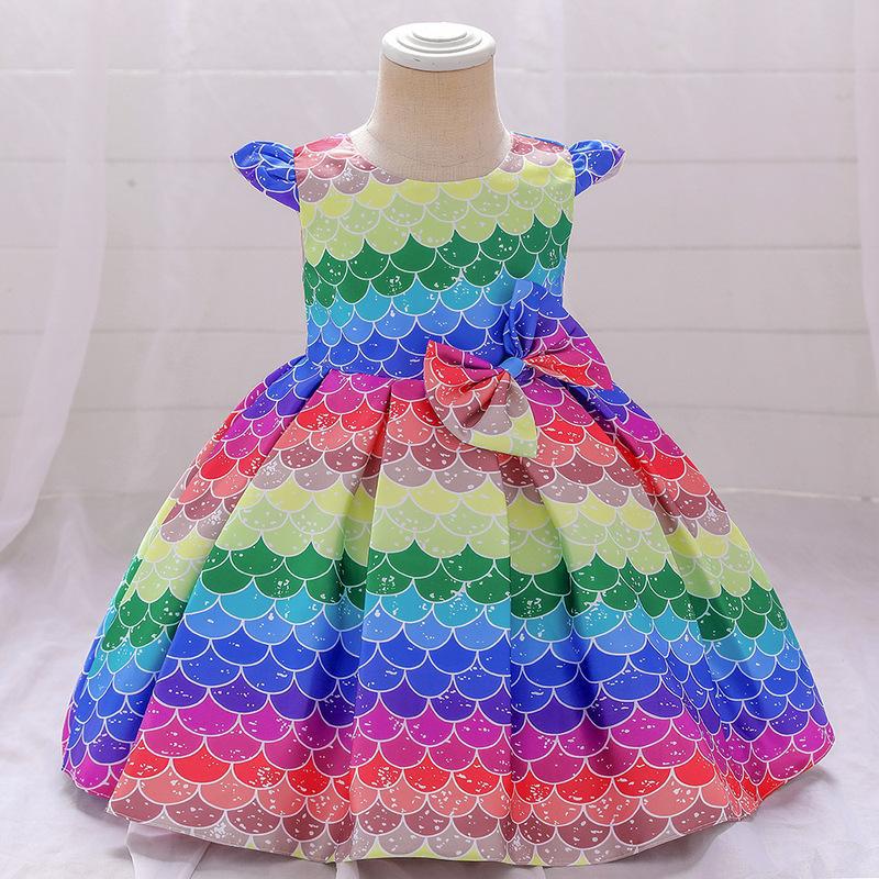 Kid Baby Girl Princess Rainbow Bow Small Flying Sleeve Piano Performance Dress