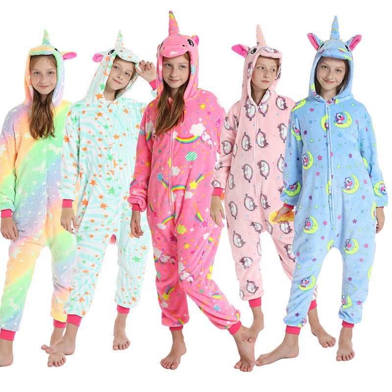 Kid Girl Flannel Cartoon Animal One-piece Pajamas