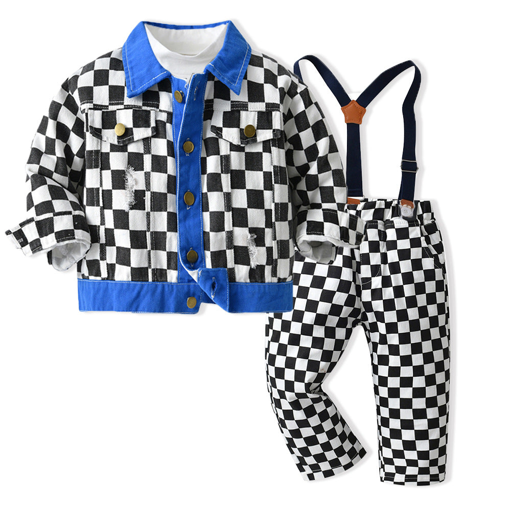 Kid Baby Boy Checkered Long Sleeve Lapel Cardigan 2 Pcs Sets