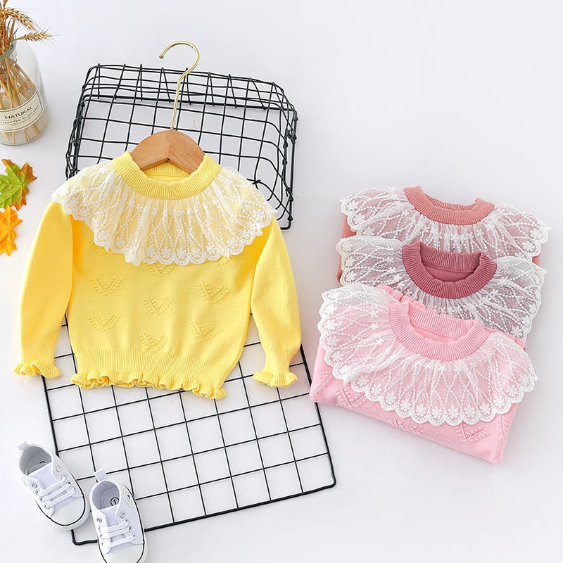 Autumn Winter Toddler Baby Girl Lace Collar Ruffled Solid Knitted Sweater