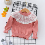 Autumn Winter Toddler Baby Girl Lace Collar Ruffled Solid Knitted Sweater